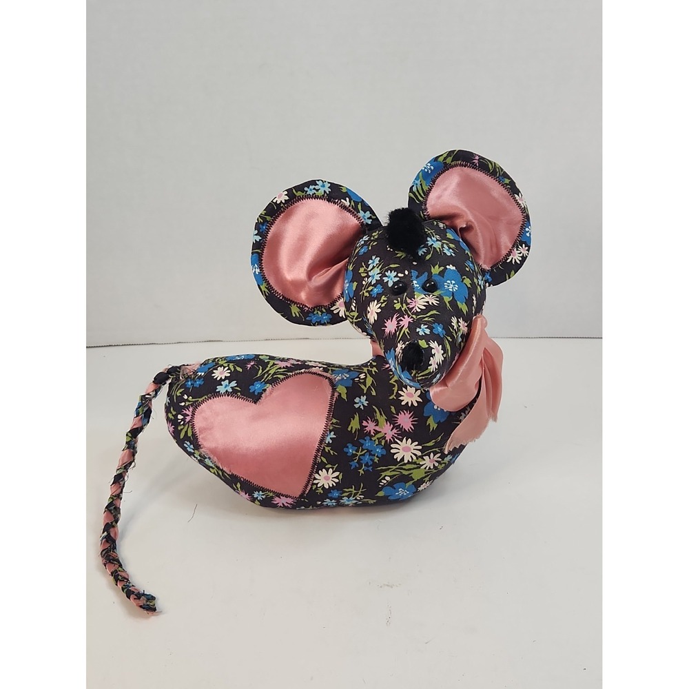 Vintage Floral Fabric Mouse Doorstop Shelf Sitter Weighted Bottom Heart Plush 8"